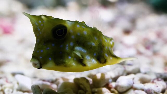 Close up slow motion of little yellow boxfish with blue spots swimming in clear water on pebble background.