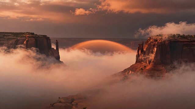 Misty canyon landscape at sunset with rock formations rising above thick fog and a glowing sunbow.