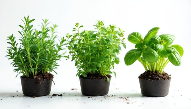 Three potted herbs, basil rosemary and thyme, stand ready for cooking or garden planting. Fresh green plants in dark pots on white background offer natural culinary flavors.