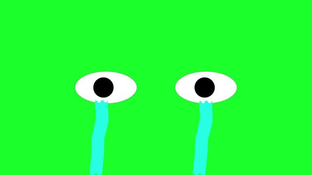 Simple cartoon eyes crying with blue tears falling on green screen background. Perfect for expressive 2D animation projects.