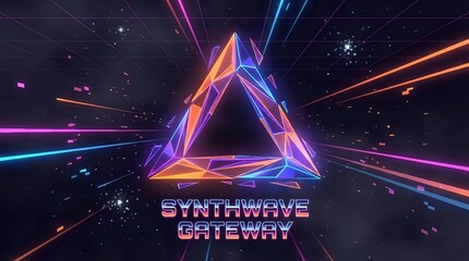 Neon triangle portal with colorful laser beams in space for synthwave retro futuristic designs and sci-fi digital art projects.