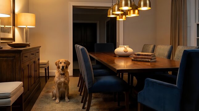 Modern dining room interior with golden retriever dog sitting beside wooden table and blue upholstered chairs under warm pendant lighting.
