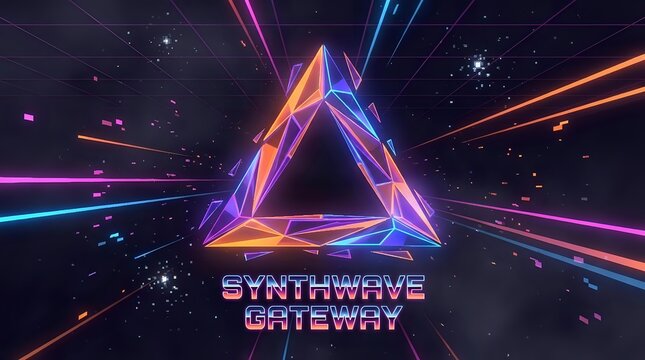Neon triangle portal with colorful laser beams in space for synthwave retro futuristic designs and sci-fi digital art projects.