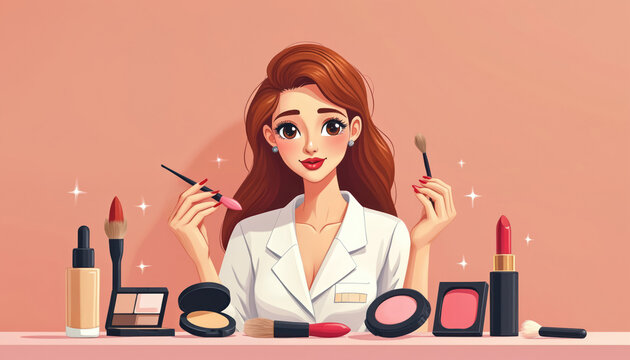 Pro makeup artist offers online cosmetology lessons. Woman teaches beauty skills via web cam using cosmetic brushes and products. Learn makeup application from home.