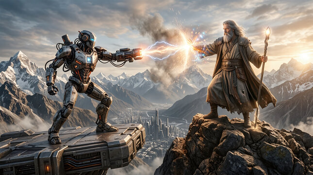 Final battle between God and AI (robot) for world domination on mountain peaks, balanced fight concept