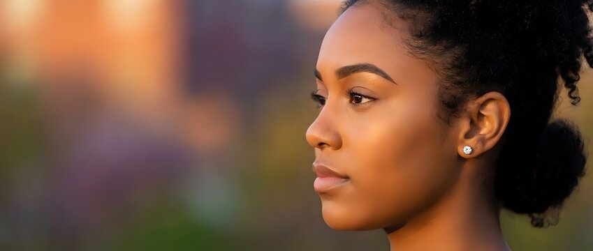 Young African American woman in profile with natural curly hair and earrings looking thoughtfully into distance during golden hour lighting for lifestyle content.