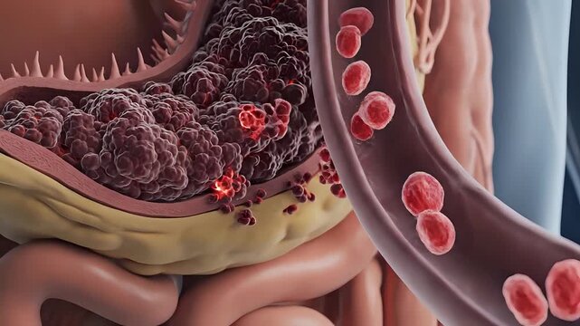 Microscopic view of intestinal polyps and blood cells in a human body.