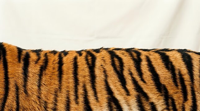 Tiger fur texture with distinctive orange and black stripes pattern against neutral background for wildlife and nature design projects.