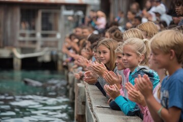 Fototapeta premium Children Clap Enthusiastically at Sea Lion Show