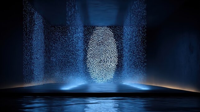 Futuristic Digital Fingerprint in Neon Lights and Water Reflection