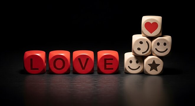 Wooden dice displaying love hearts stars and smiley faces on black background