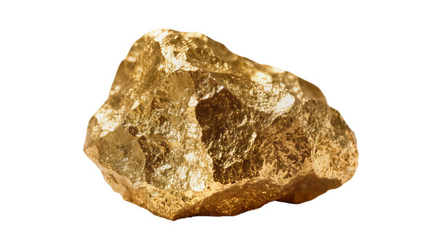 Isolated raw gold nugget, natural precious metal element, shiny mineral stone, wealth concept
