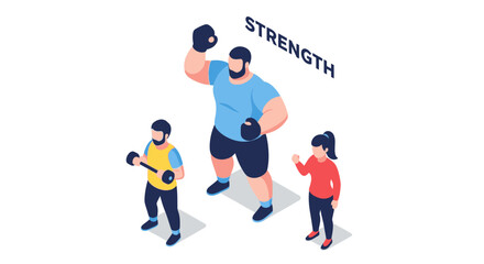 Fototapeta premium Isometric Illustration of a Strong Boxer with Children Demonstrating Strength.