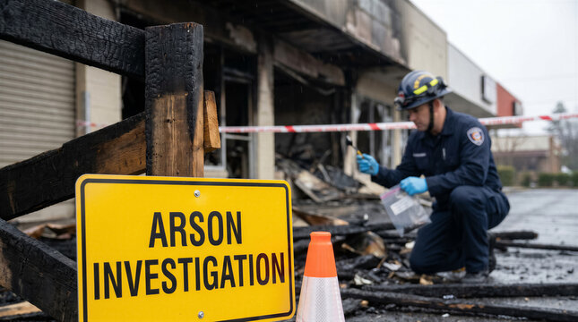 Fire investigator collecting evidence at the scene of a commercial building fire marked with an arson investigation sign