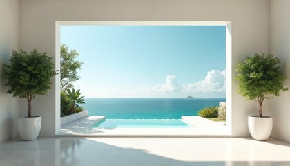 Obraz premium Modern villa with infinity pool overlooks calm ocean. Green plants frame minimalist white interior space. Sunny day, clear blue sky, tranquil sea.