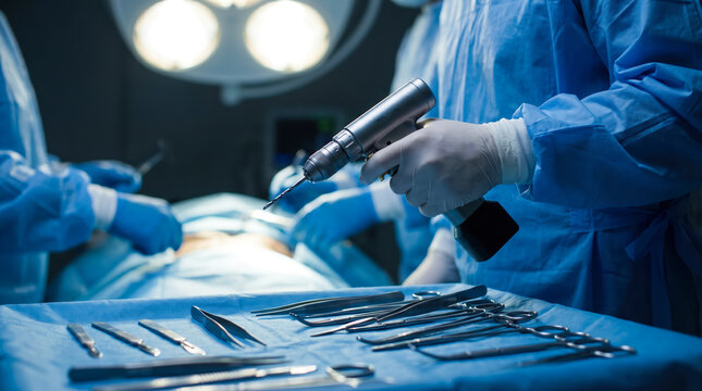 Medical staff work in an operating room with various surgical instruments. The team focuses on a patient under bright lights while using tools to perform the operation