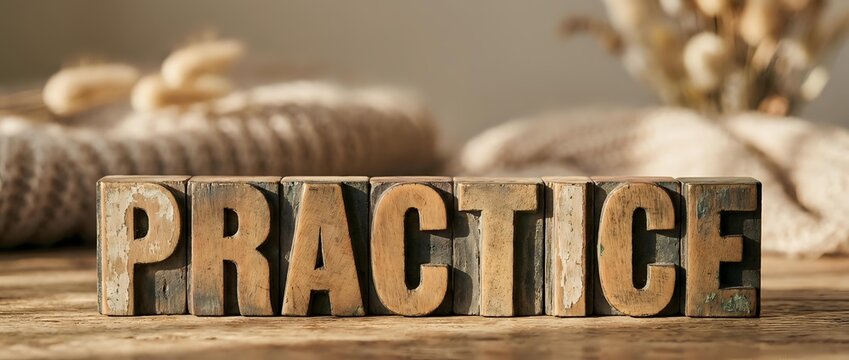Wooden letter blocks spelling PRACTICE on rustic table with rope and nautical elements for motivation and skill development concepts.