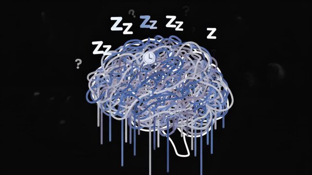 Animation showing a brain overload with clocks, sleep icons, questions marks and smoke on black