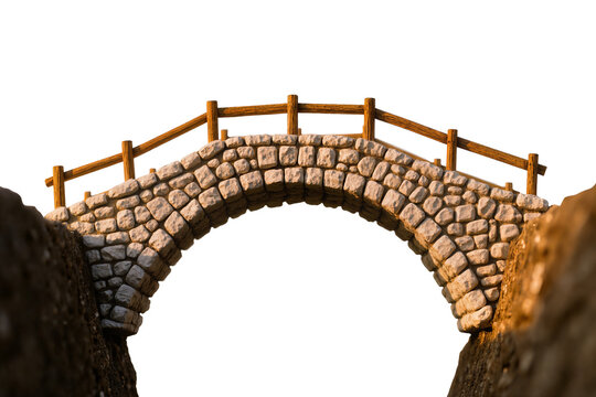 Isolated stone arch bridge with wooden railings, ancient architectural structure, path over water