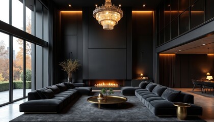 Obraz premium Spacious modern living room with high ceilings features deep charcoal sofas flanking fireplace. Large crystal chandelier hangs above round brass coffee table. Floor to ceiling windows reveal autumn