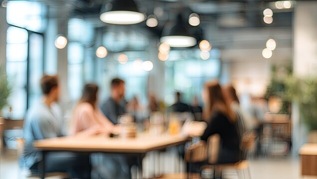 A blurred interior scene depicts a modern, brightly lit space with several people gathered around a long wooden table, suggesting a collaborative meeting or social gathering.