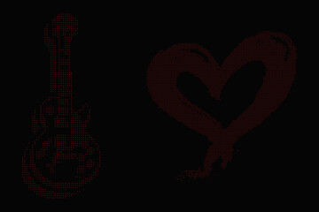Naklejka premium Red dotted electric guitar and heart shape on black background