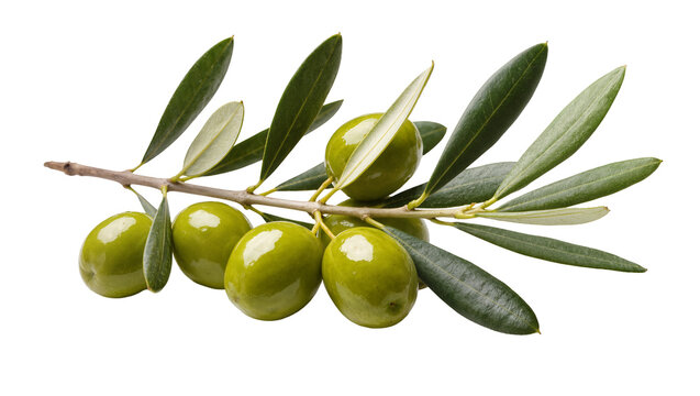 Isolated fresh green olives on an olive tree branch with leaves healthy ingredient
