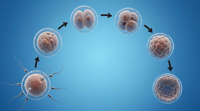 Realistic 3D illustration of human embryo development stages from fertilization to morula