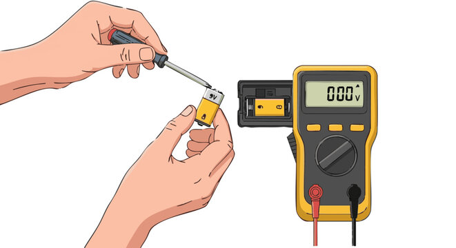 Hands replacing battery in digital multimeter using screwdriver