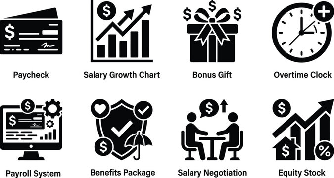 Payroll and compensation finance black vector icon set