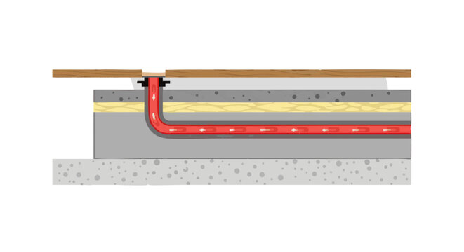 Underfloor heating system cross section with hot water pipe. Floor layers diagram showing insulation and concrete
