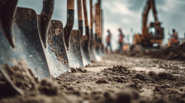 Close-up view of shovels lined up in the soil at a construction site with workers and machinery blurred in the background preparing for groundwork activities