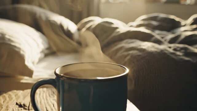 Steaming mug of hot coffee sitting on a rustic wooden bedside table next to an unmade bed, with morning sunlight streaming through a window, creating a cozy and warm atmosphere