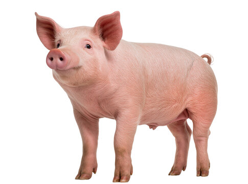 Isolated beautiful young domestic pig standing with cute expression, full body studio shot