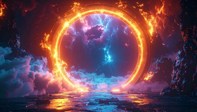 Cosmic Portal Energy Background. A circular galactic portal glowing with energy waves, a futuristic sci-fi concept with a powerful focal point.