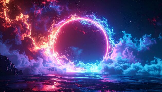 Cosmic Portal Energy Background. A circular galactic portal glowing with energy waves, a futuristic sci-fi concept with a powerful focal point.