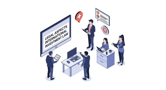 Isometric Illustration of Business Professionals Working on International Investment Law.