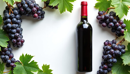Naklejka premium Bottle of red wine sits beside ripe purple grapes and green leaves on a white surface. Image for wine tasting events or autumn harvest promotions. Offers clean space for text.