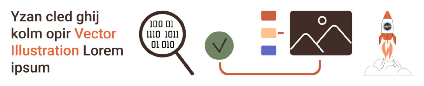Digital marketing, technology development, online learning, creative projects, content design, innovation. Magnifying glass, binary code tick mark images and rocket icon. Digital marketing