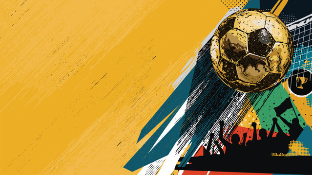 Soccer tournament with golden ball promotion background collage style have blank space.