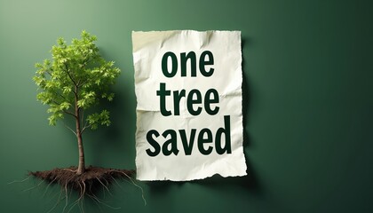 Obraz premium Young green tree with visible roots stands near crumpled paper sheet with text one tree saved. Eco concept for planet, nature preservation, and sustainability awareness.