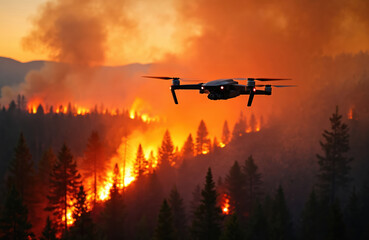 Fototapeta premium Drone flies over forest fire at dusk. Flames consume trees and create smoke. Technology helps fight raging inferno. Aerial view shows danger and response efforts. Wildfire emergency.