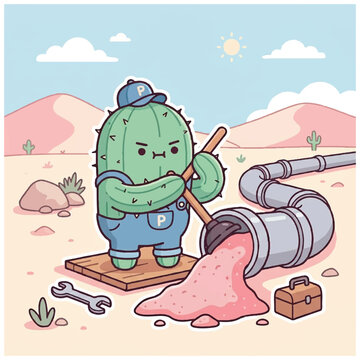 Cactus character fixing pipe outdoors.