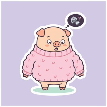 Cute cartoon pig in sweater thinking.