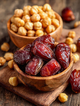Wooden bowls filled with dried dates and peeled chickpeas displayed on rustic wooden surface for healthy snacking and nutritious food options