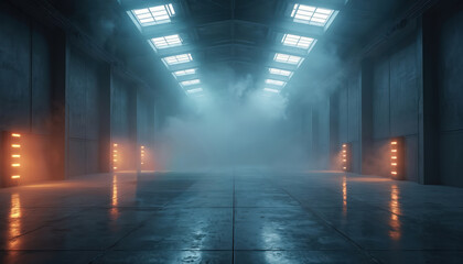 Obraz premium Empty industrial hall with skylights and fog. Concrete floor reflects orange lights along dark walls. Dimly lit vast space for events or car shows.