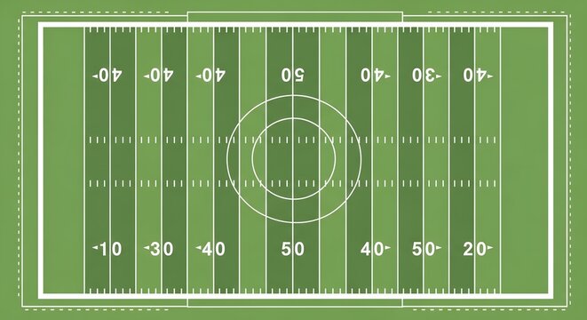 An overhead view of a standard American football field. The field is meticulously marked with yard lines and numbers