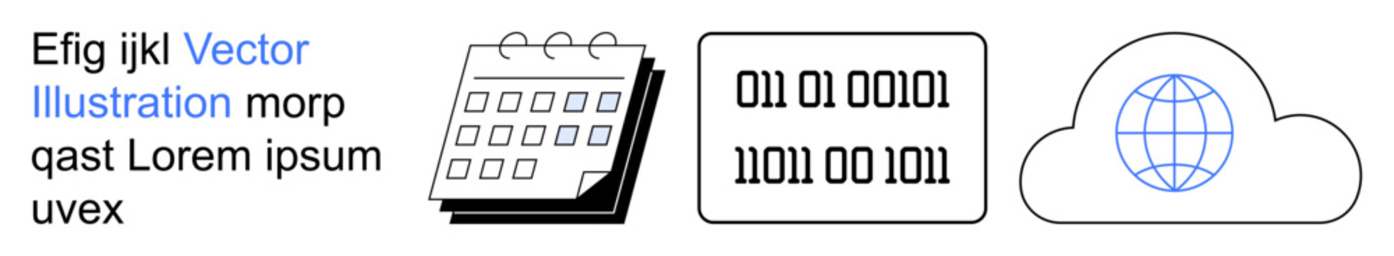 Data management, cloud storage, scheduling, digital transformation, binary systems, tech solutions. Calendar, binary numbers and cloud icon. Data management and cloud storage concept