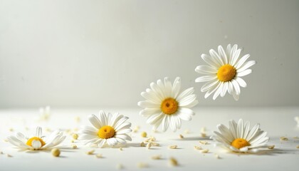 Obraz premium White chamomile flowers levitate on clean white surface. Small yellow pollen grains scattered around. Natural beauty for wellness, tea, and cosmetic designs.