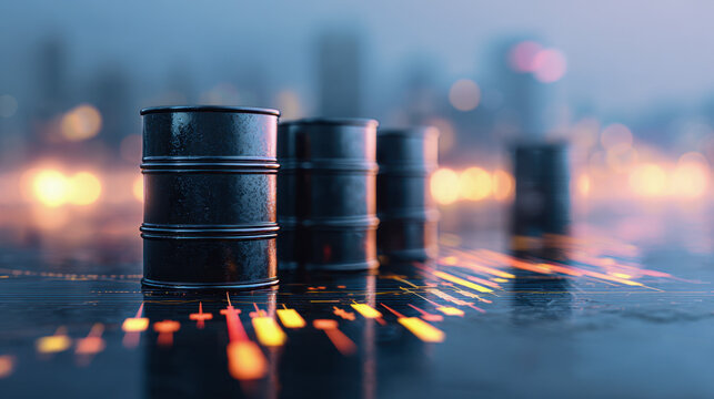 Black metal barrels arranged in a line on a reflective surface with glowing orange financial market candlestick chart and blurred cityscape background at dusk